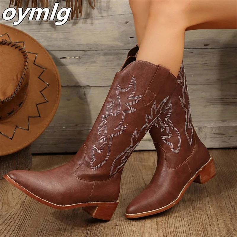 

New High Barrel Embroidered Knight Boots Women's Large Pointed Thick Heels Long Barrel Leather Boots women brown long boots