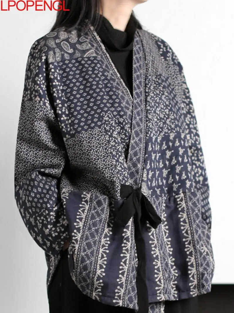 

2023 Autumn Cotton Linen Jacket Women Fashion Vintage Ethnic Style Patchwork Print Ladies Casual Loose Oversized Bandage Coat