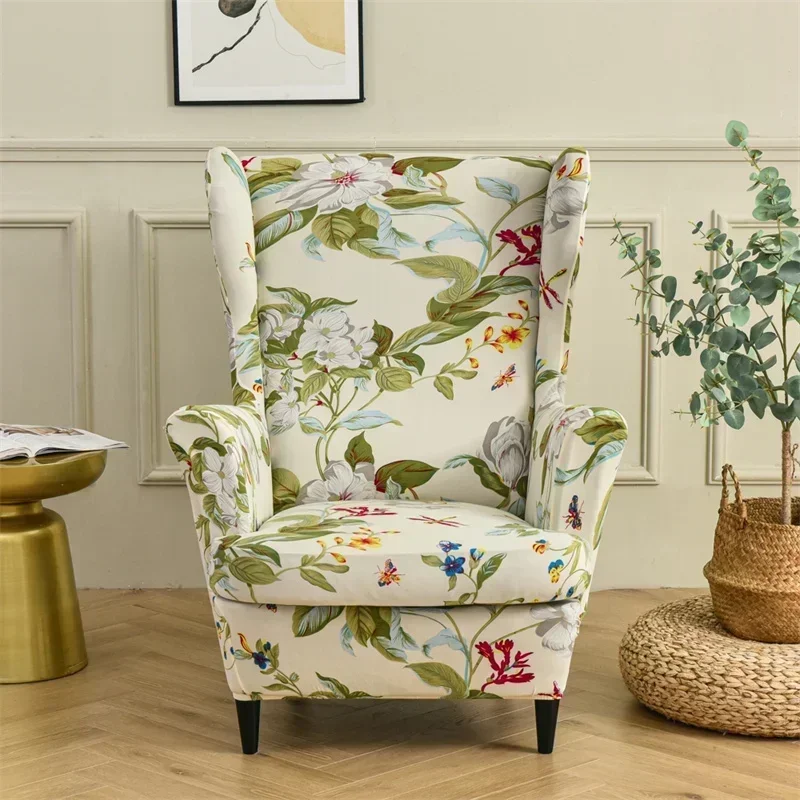 Floral Printed Wing Chair Cover Spandex Sofa Armchair Covers Nordic Wingback Chairs Slipcovers with Seat Cushion Slipcover