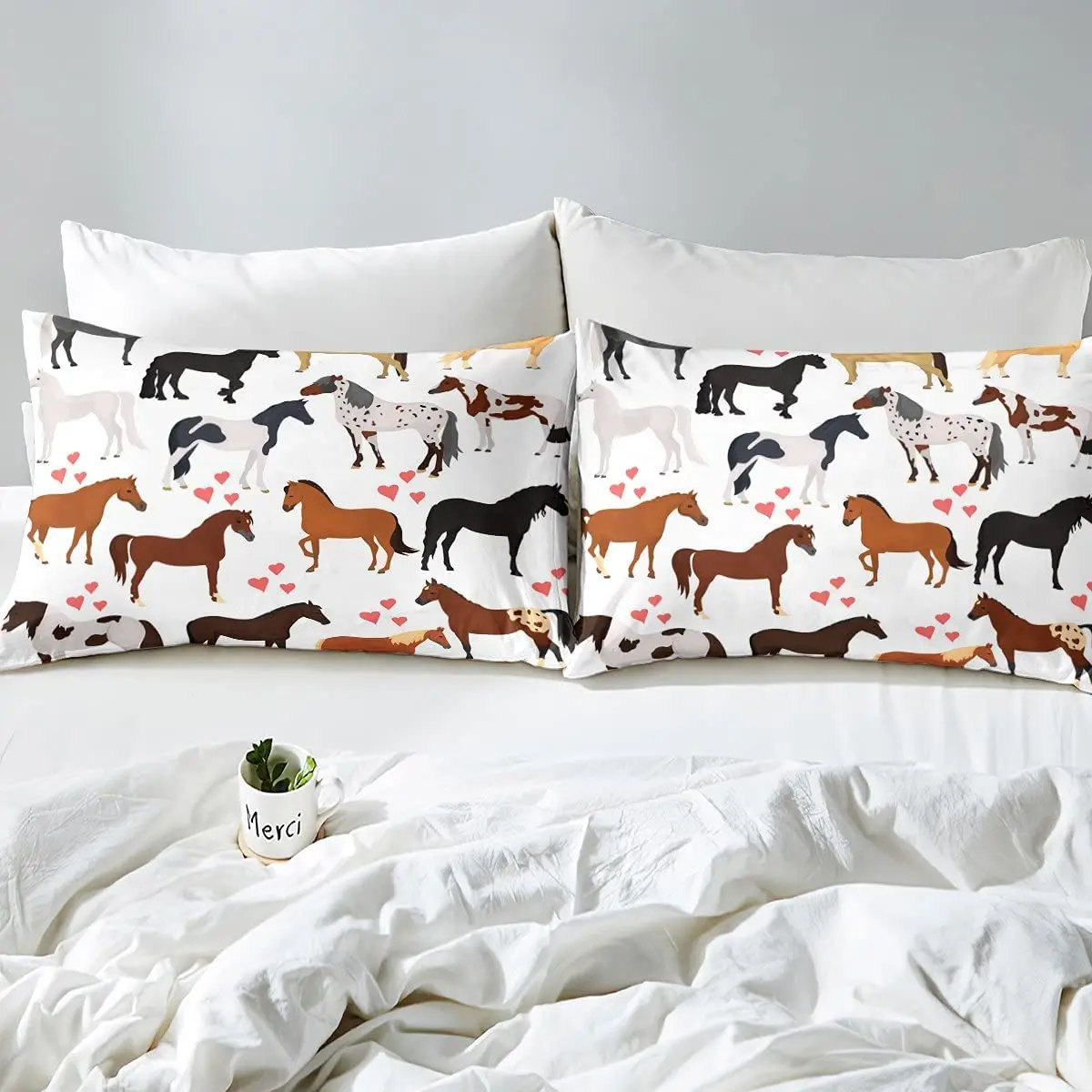 Horse Fitted Sheets Twin Size Kids Teens Cute Animal Bedding Set Cartoon Horses with Pink Love Heart Decor Kawaii Cowboy Cowgirl 6