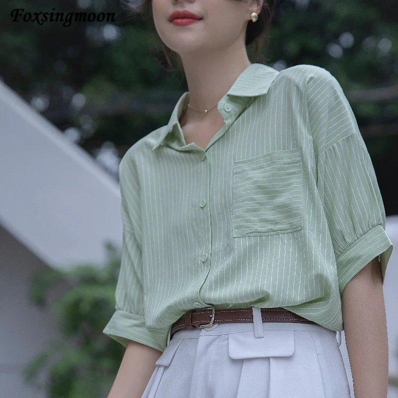 

Summer New Striped Shirts Temperament Simplicity Turn-down CollarShort Sleeve Blouse OL Loose Sense of Minority Blusas Female