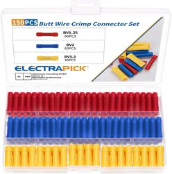 ELECTRAPICK 150pcs Insulated Straight Wire Butt Connectors Electrical Wire Cable Crimp Terminals Set Cold Press Cable Splice