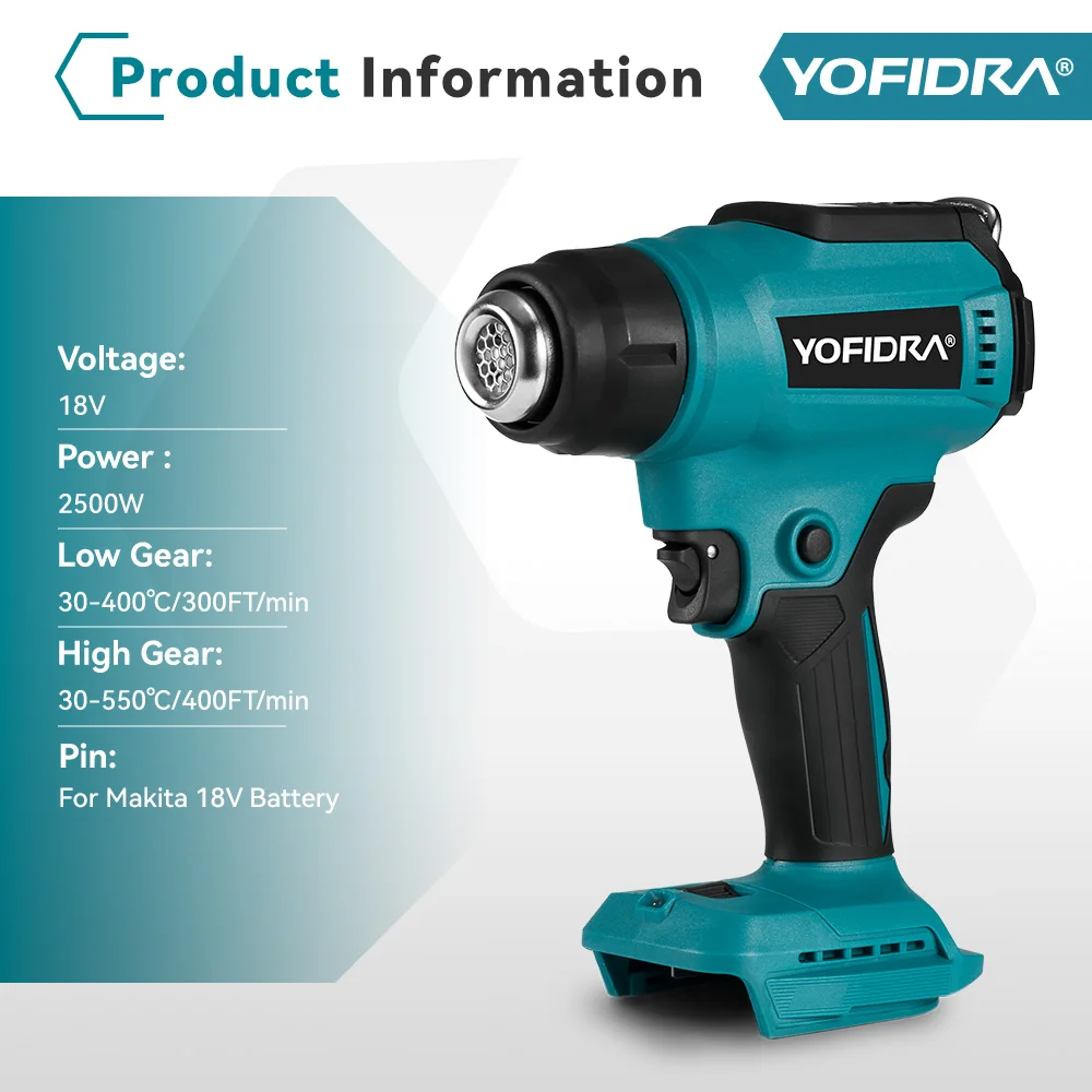 Yofidra 550℃ Hot Air Gun 2 Gears Adjustable LED Display Cordless Rechargeable Industrial Home Tools For Makita 18V Battery 3