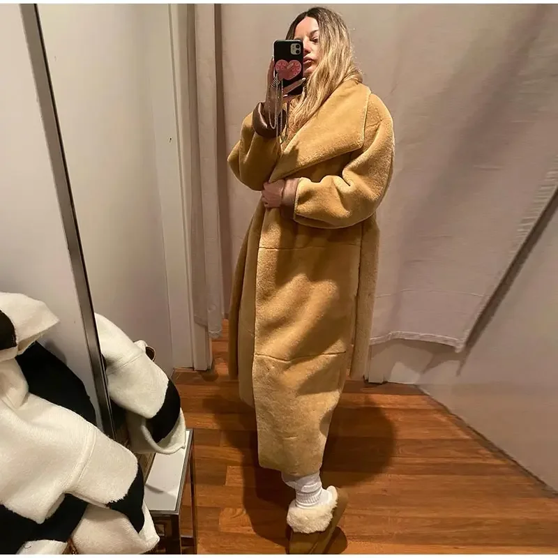 Abrigos largos elegantes de piel sintética con cinturón, solapa grande, manga larga y bolsillo, abrigos de felpa para mujer, ropa de calle de invierno 2025