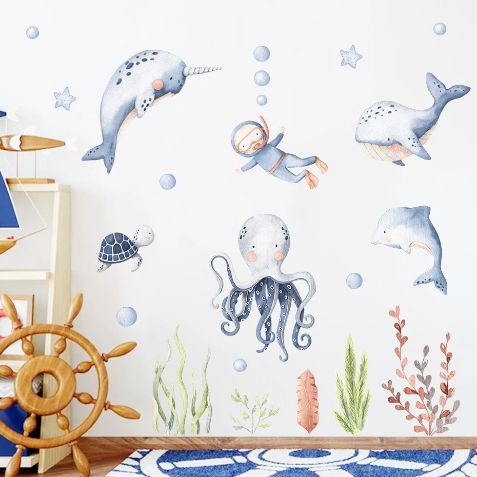 Wall Stickers Cartoon Cute Ocean Animal Watercolor Nursery Stickers Removable Wall Decals Art Print Kids Boys Room Interior Home Decor