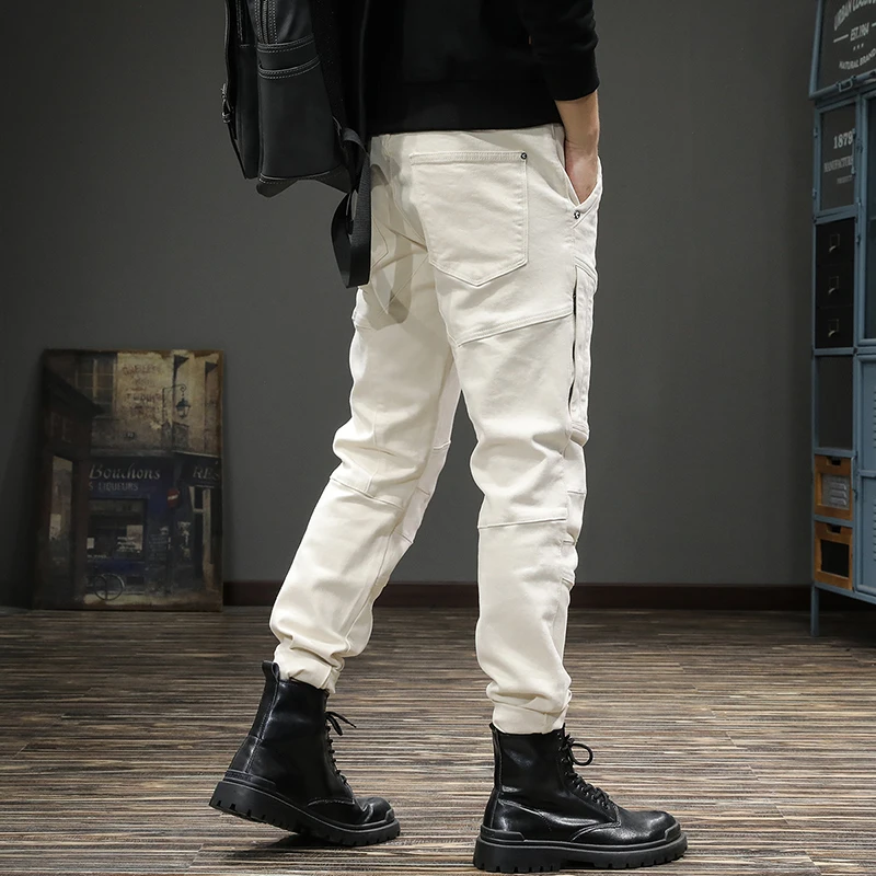 

Мужские винтажные джинсы в стиле пэчворк, бежевые прямые облегающие джинсы, весна-осень