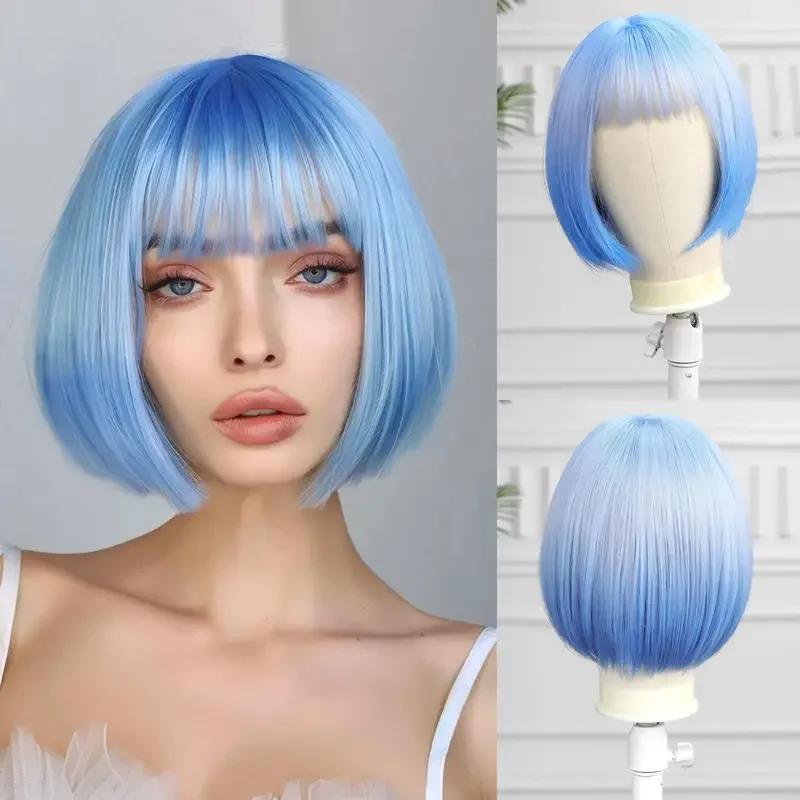 Short Straight Bob Hair Synthetic Wigs for Women Blue White Ombre