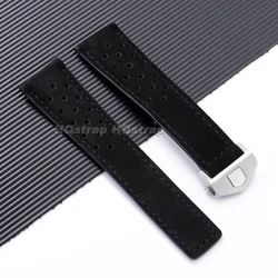 Breathable Perforated Genuine Leather Watch Strap - Racing Style Cowhide Band - 22mm (Black)