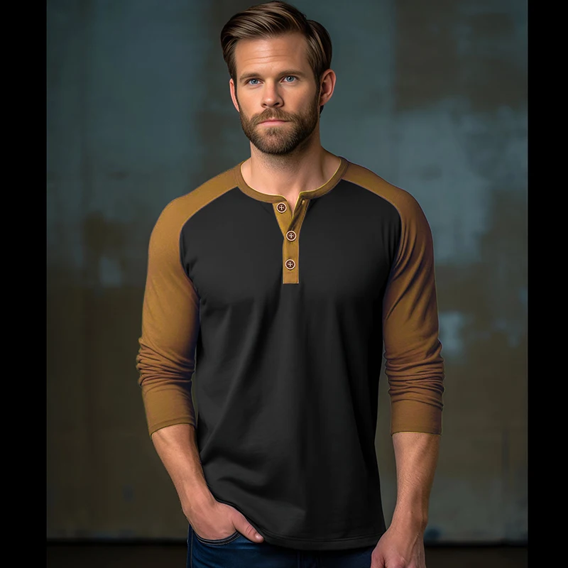 

2023 New Henry Men's T-shirt Bottom Long Sleeve Single Breasted Casual Fashion Contrast Color Home