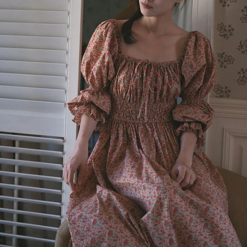 Princess Sexy Square Collar Full Sleeves Printing Nightgowns 100% Cotton Long Ankle-Length Vintage Nightdress Comfort Nightie