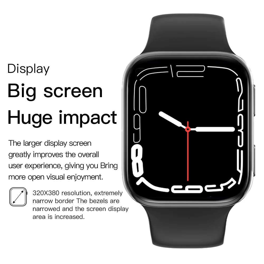 Smart Watch with 24-hour heart rate&blood oxygen monitoring, music, full touch screen display, 320 * 380dpi resolution.