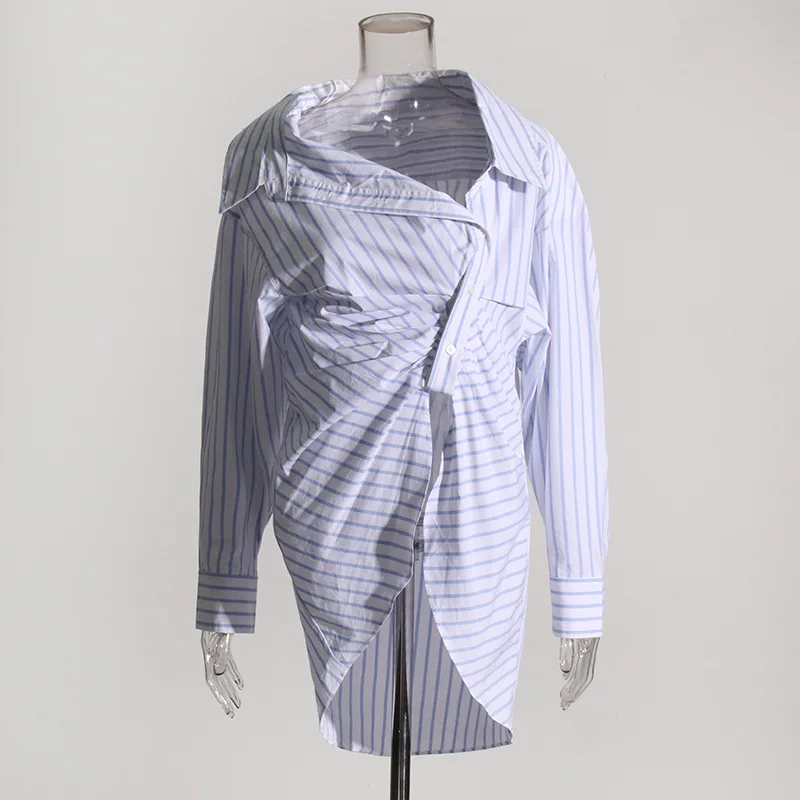 

SuperAen Irregular Striped Shirt Autumn 2023 New Fashion Diagonal Collar Button Stitching Solid Color Fashion Shirt Women