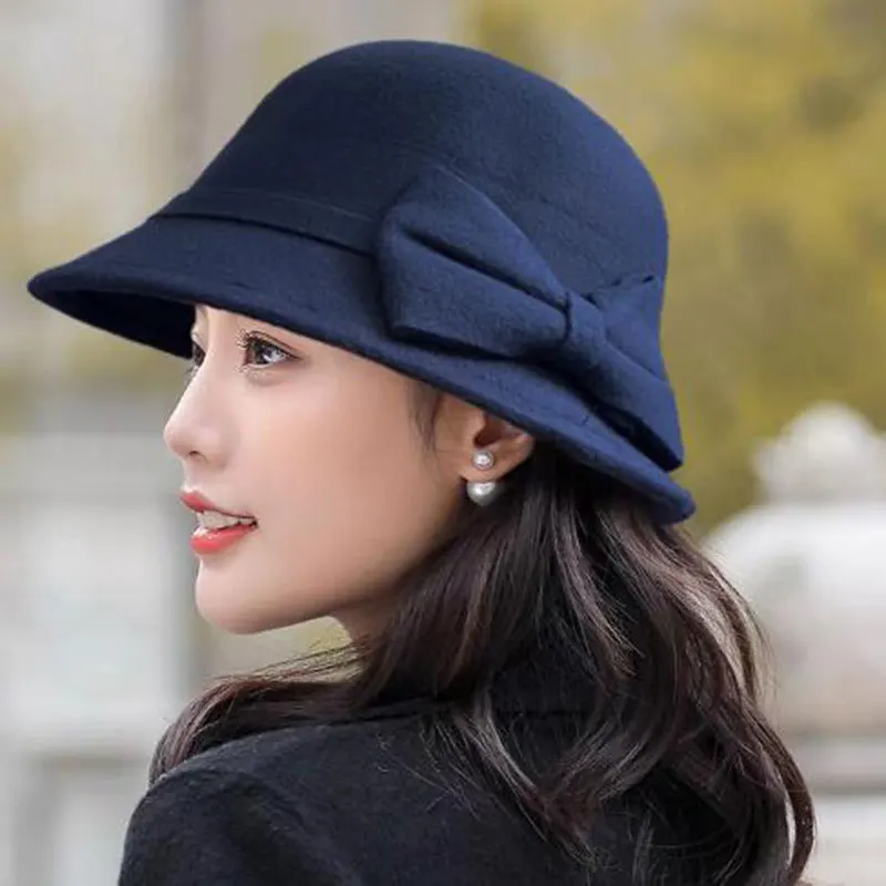 Elegant Vintage Bowknot Wool Ladies Hat Autumn Winter Fedoras Women Panama Hat Dome Felt Wedding Church Jazz Cap Female Bowler