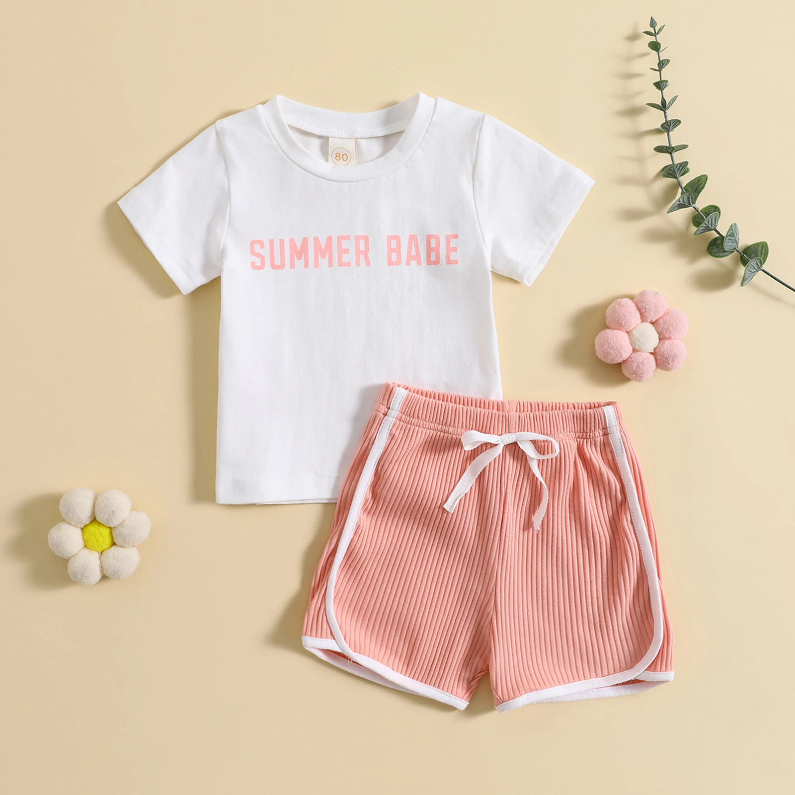 

Baby Girls Summer Clothes Set Short Sleeve O Neck Letter Print T-shirt with Elastic Waist Drawstring Shorts Casual Sports Outfit
