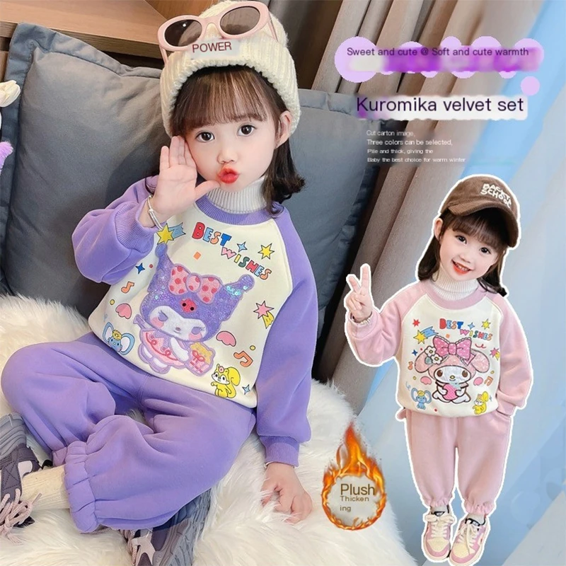 

Sanrio Kuromi Kawaii Anime Autumn Hoodie Pants My Melody Cute Cartoon Velvet Casual Shirt Two Piece Clothes Lovely Gift for Kids