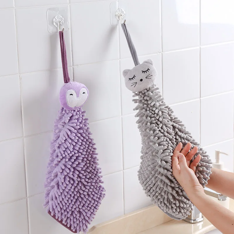 New 1PC Chenille Hand Towels Cartoon Bathroom Kitchen Hand Towel with  Hanging Loops Quick Dry Soft Absorbent Microfiber Towels