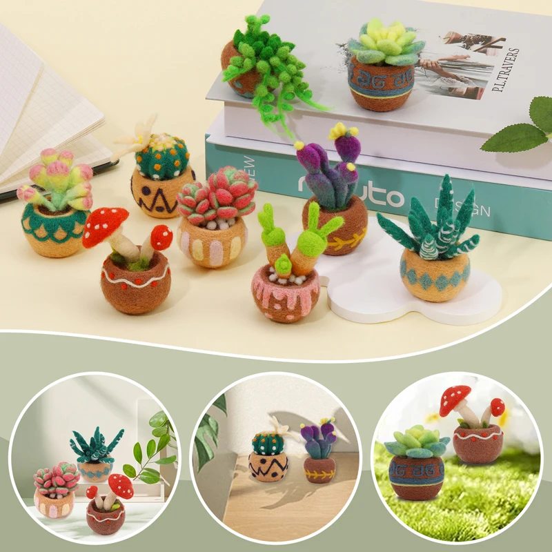 Wool Felting Package Material Succulent Plants Non-Finished DIY Arts Crafts Needlework Yarn Needle Felting Starter Kit 1Set