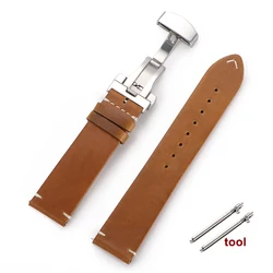 Vintage Oil Wax Genuine Leather Watchband with Quick Release Butterfly Buckle - 22mm (Yellow Brown)