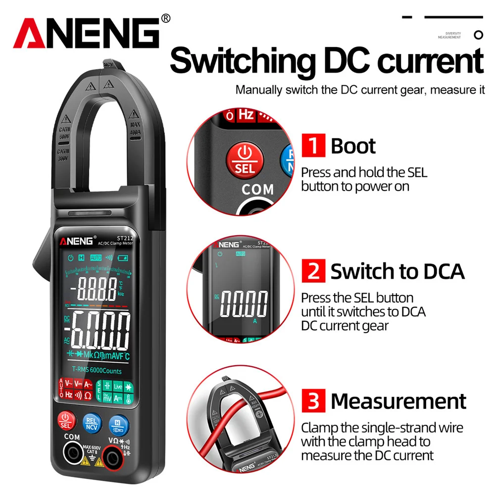 ANENG ST212 DC/AC 전류 디지털 클램프 미터 6000 카운트 400A 앰프 멀티미터 대형 컬러 스크린 전압 테스터 자동차 Hz NCV 옴