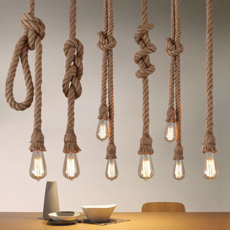 Vintage Hemp Rope Pendant Lights Attic Personality Industrial E27 Indoor Lightings For Loft/Living Room/Bar Retro Hanging Lamp 3