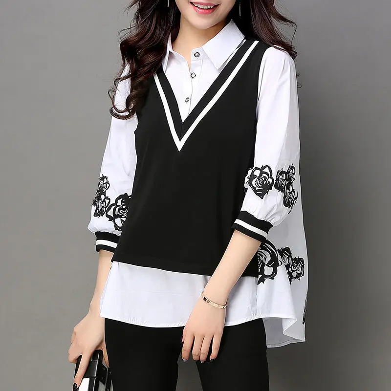 2023 New Spring and Summer Korean Edition Simple Loose Casual Polo Print Three Quarter Fake Two Piece Oversize Women's Shirts 2023 new spring and summer korean edition simple loose casual polo print three quarter fake two piece oversize women s shirts