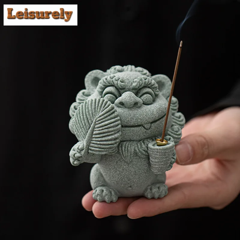 Green Sandstone Wind Lion Lord Incense Holder Tea Pet Aesthetic Fish Tank Landscaping Tea Figurine Play Toys Tea Statue Ornament