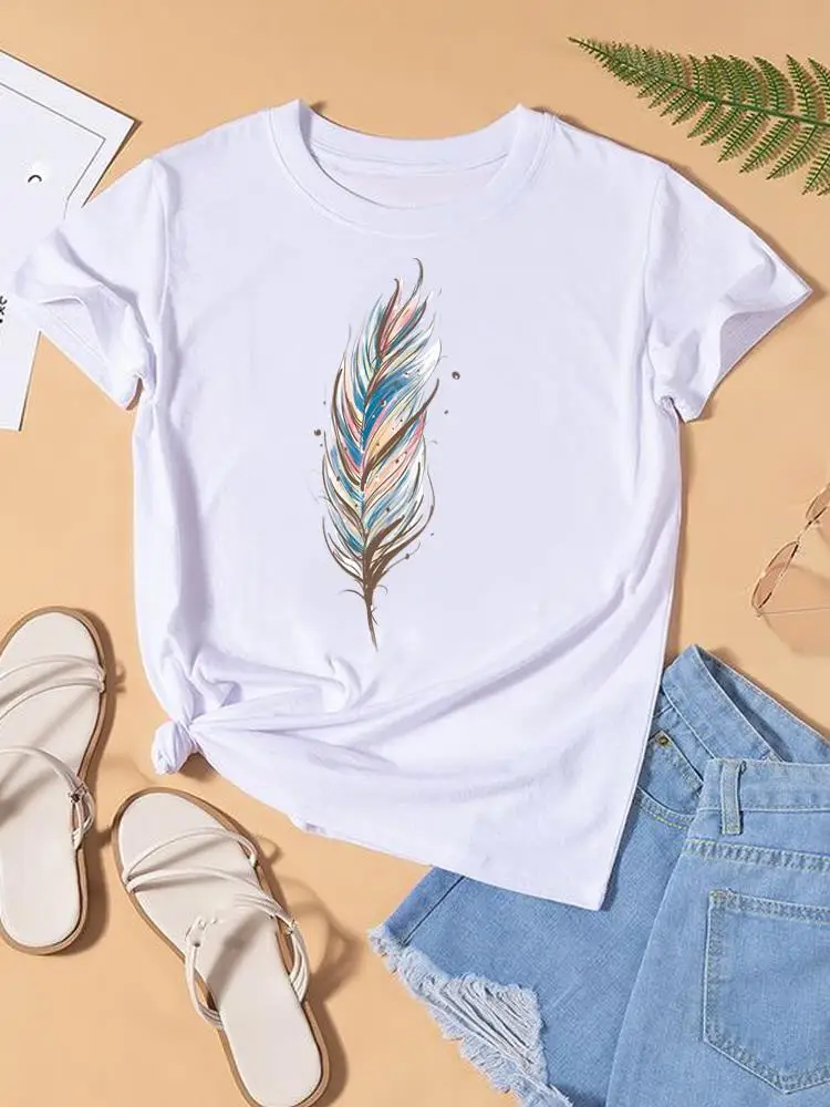 

Women Feather Watercolor Style 90s Cute Clothes Graphic T-shirt Fashion Print Short Sleeve Lady Top Female Womens T Shirt Tee