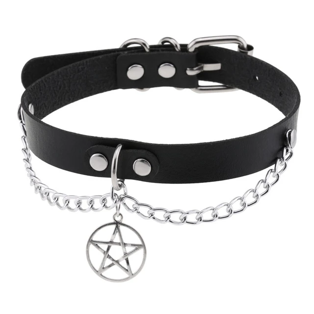 Gothic Leather Pentagram Choker Pagan Wicca Spiked Choker 