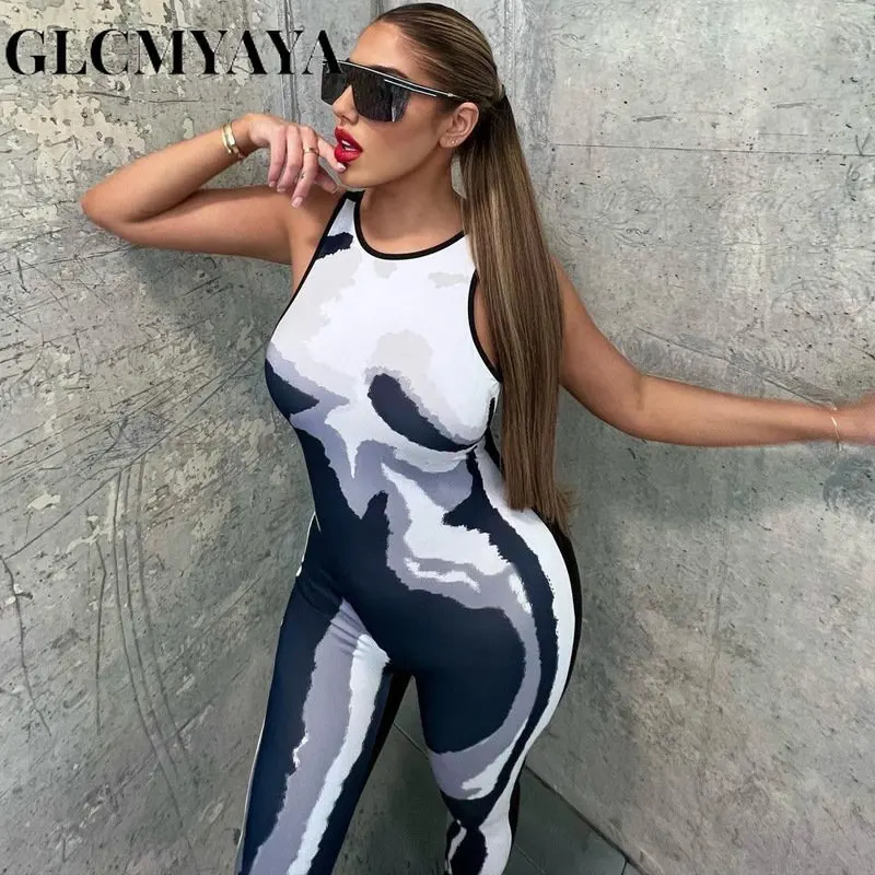 

GLCMYAYA Casual Streetwear Women Slim O-Neck Sleeveless Romper 2023 INS Summer Fashion Body 3D Print Pencil Pants Jumpsuit