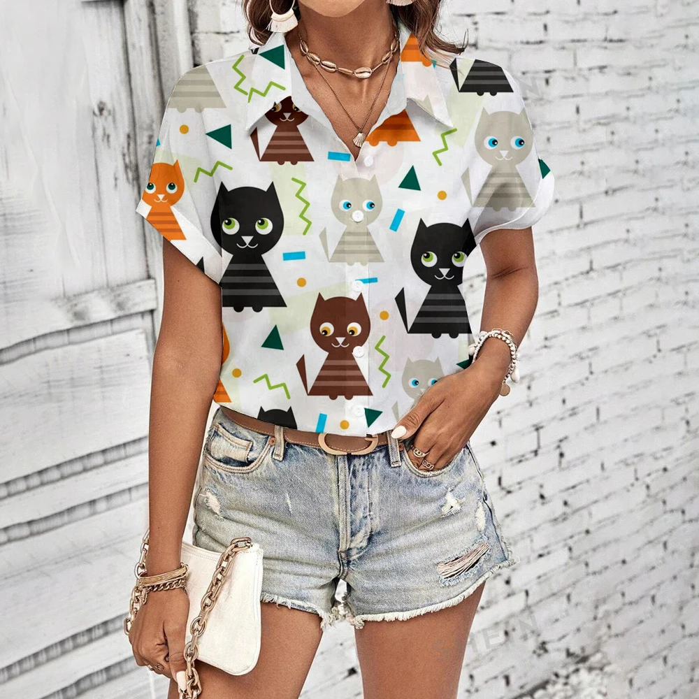 

Elegant Lovely Women Shirts & Blouses Fashion Cats Printing Shirts Large Size Shirts 2024 Summer Loose Leisure Women Shirts
