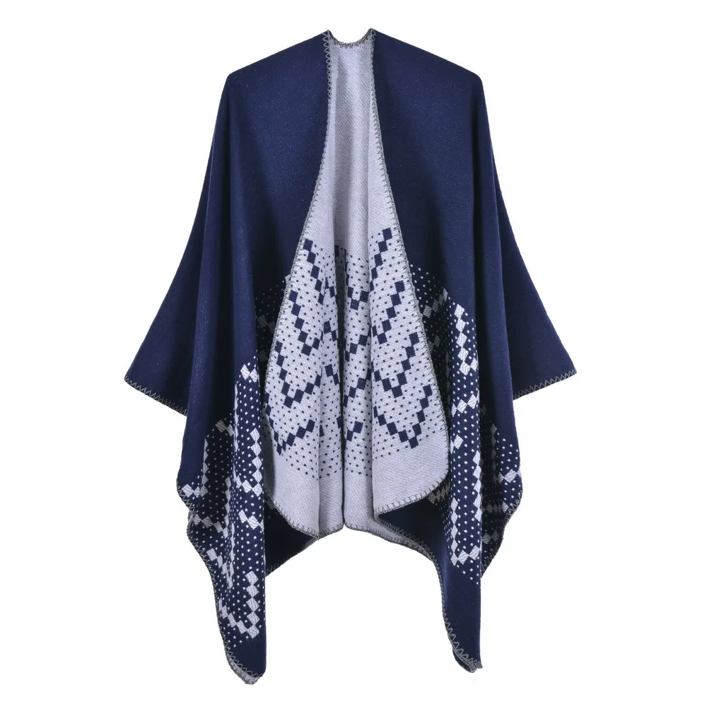 

2022 New Autumn Winter Warm Shawl Women's Travel Imitation Cashmere Fork Thickened Cloak Ponchos Navy