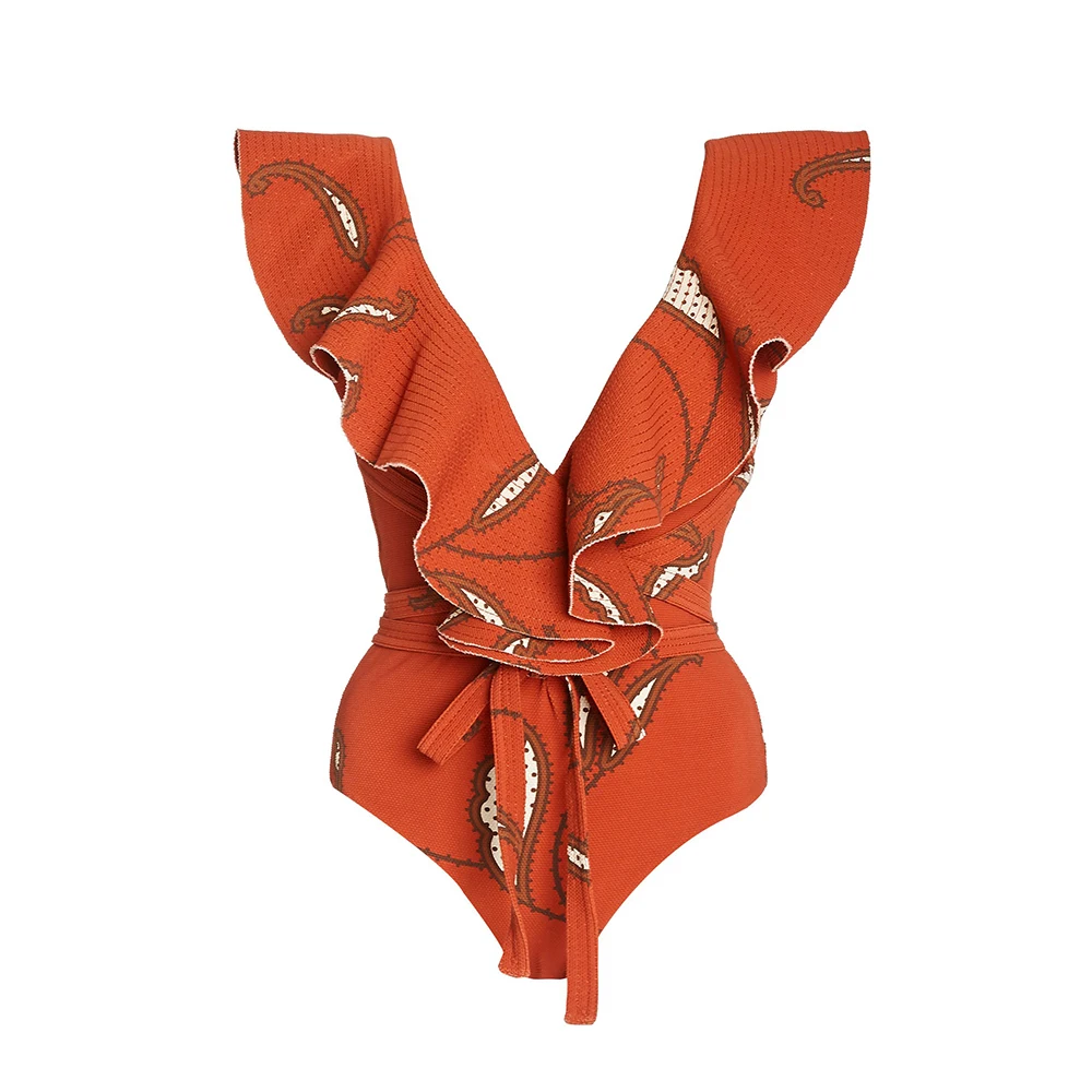 Ruffled Printed One-piece Swimsuit 2024 Women New Orange Deep V-neck Tie up Bikini Summer Seaside Fashion Beach Bathing Suit