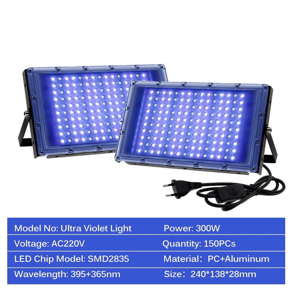 395nm 365nm LED UV Floodlight 300W Stage Backlight 220V Waterproof Ultravilet Lamp Fluorescent Party Photocuring Lamp uv curing lamp