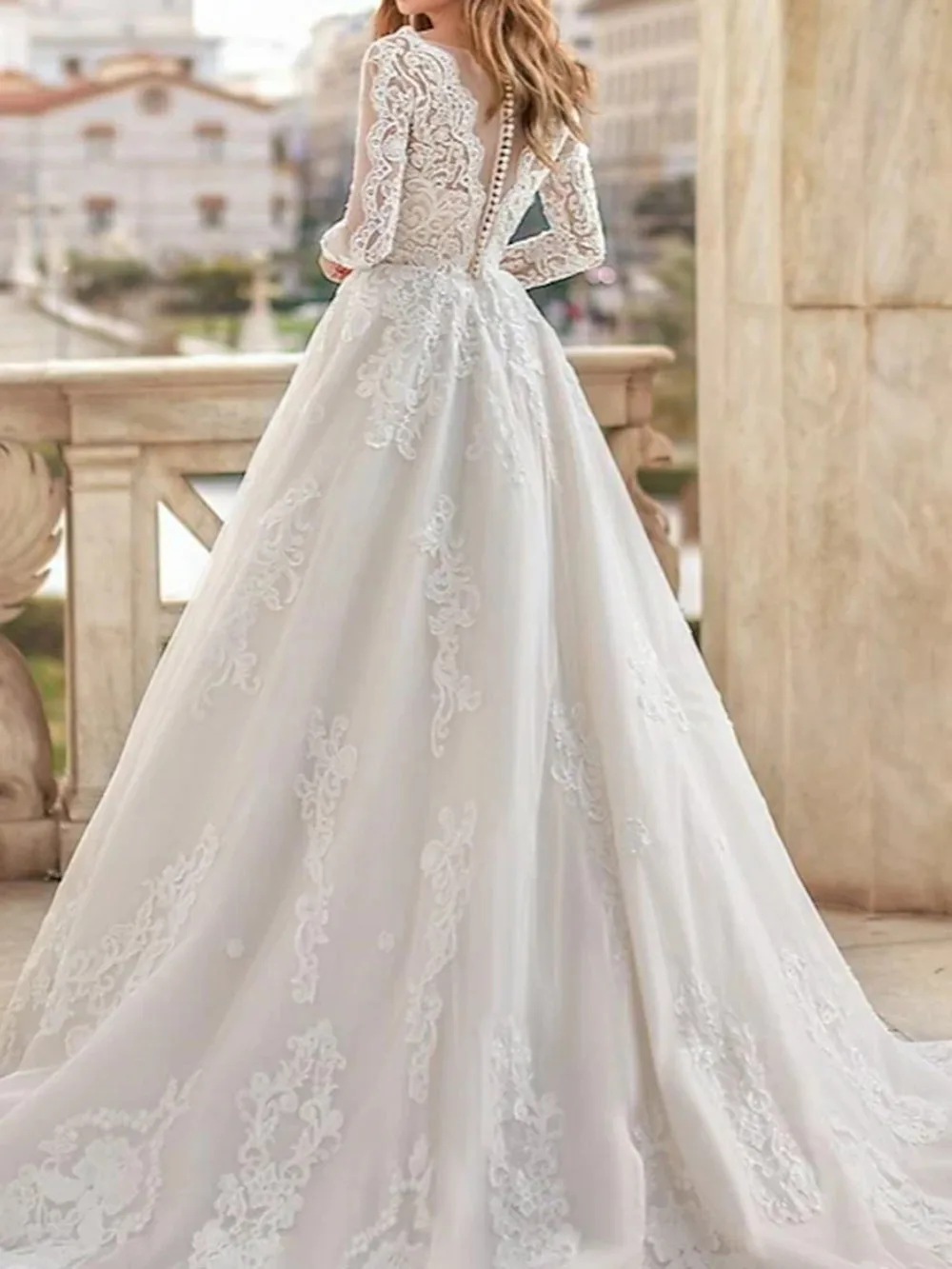 Customized V Neck Lace Appliques Wedding Dresses Court Train Long Sleeves Bridal Gowns Illusion Back Pleats Vestidos De Novia 3