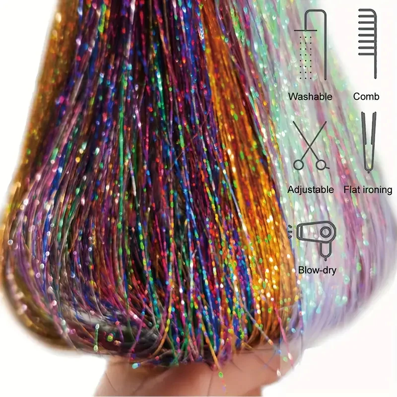 Sparkling Hair Tinsel Clip-In Extensions 1PC Synthetic Shiny Sparkle Glitter Strands For Women Christmas Party Festivals Wear