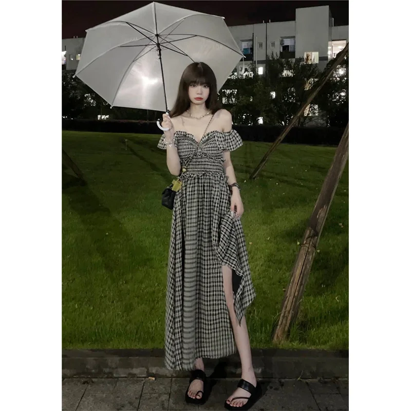 

Summer New Slim Black White Plaid Dress Woman Sweet Ladies Off Shoulder Dresses Female Fashion Sleeveless Chiffon Dresses