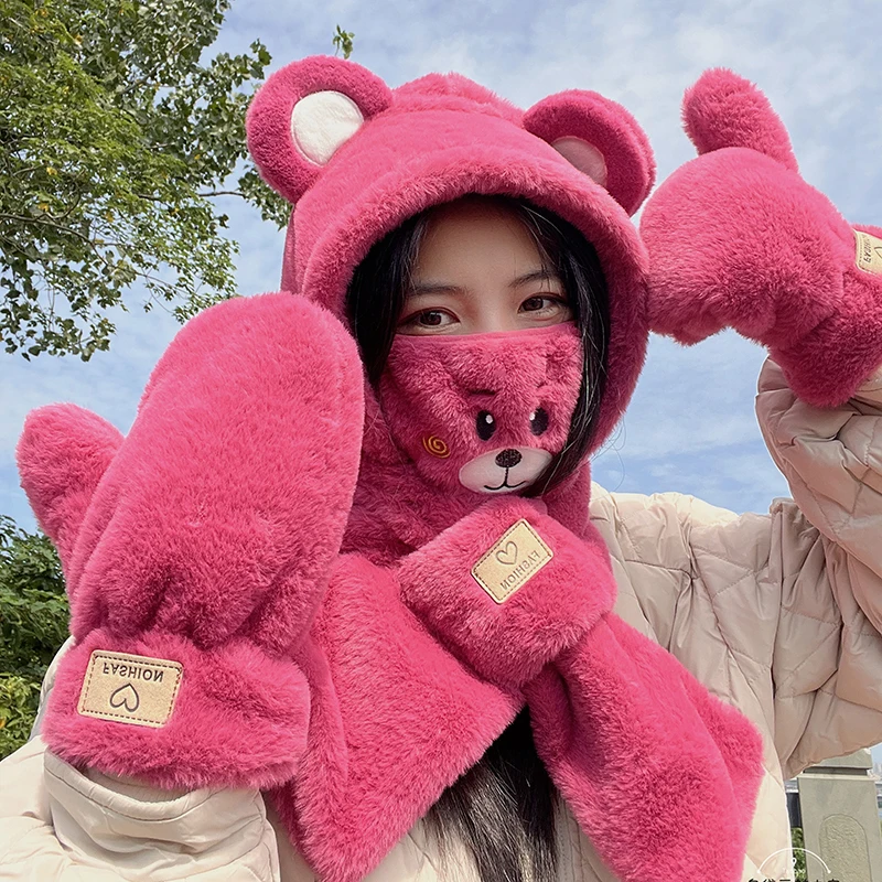 new-raspberry-powder-cute-bear-hat-thickened-plush-scarf-warm-winter-gloves-fashion-mask-ear-protection-lei-feng-hat-girls-gift