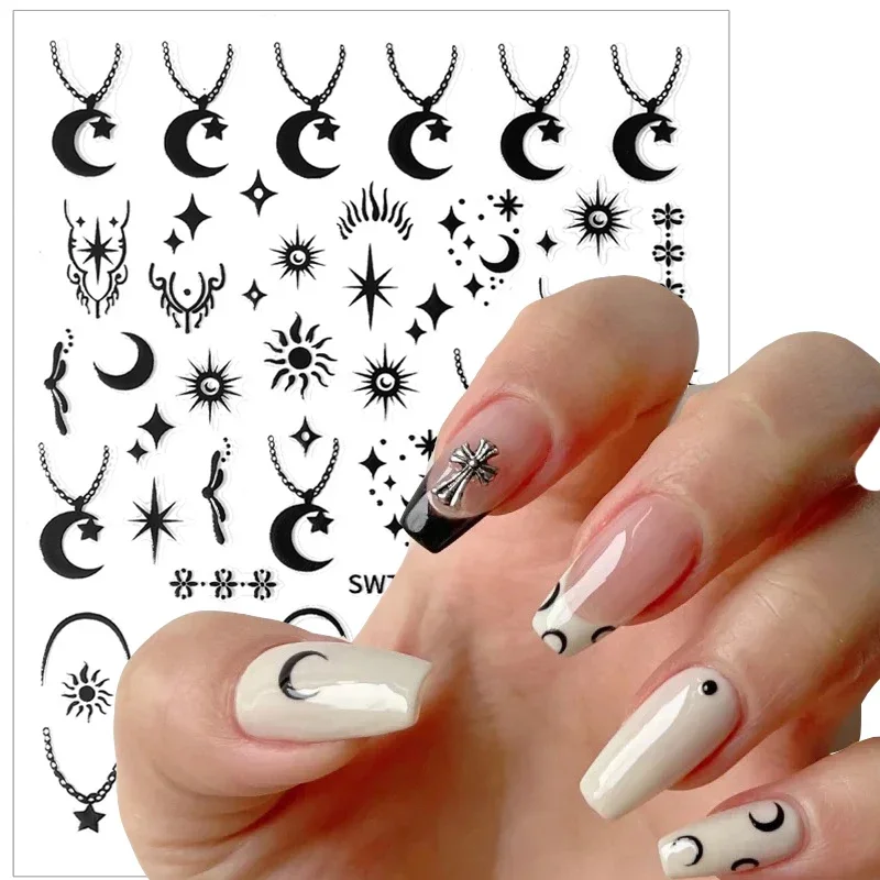 Heallor Sliver Gold Nails Stickers Mental Sun Moon Star Lock Angel Wing Decals Nail Charms 3D Adhesive Sliders Spring Decor Acce 2