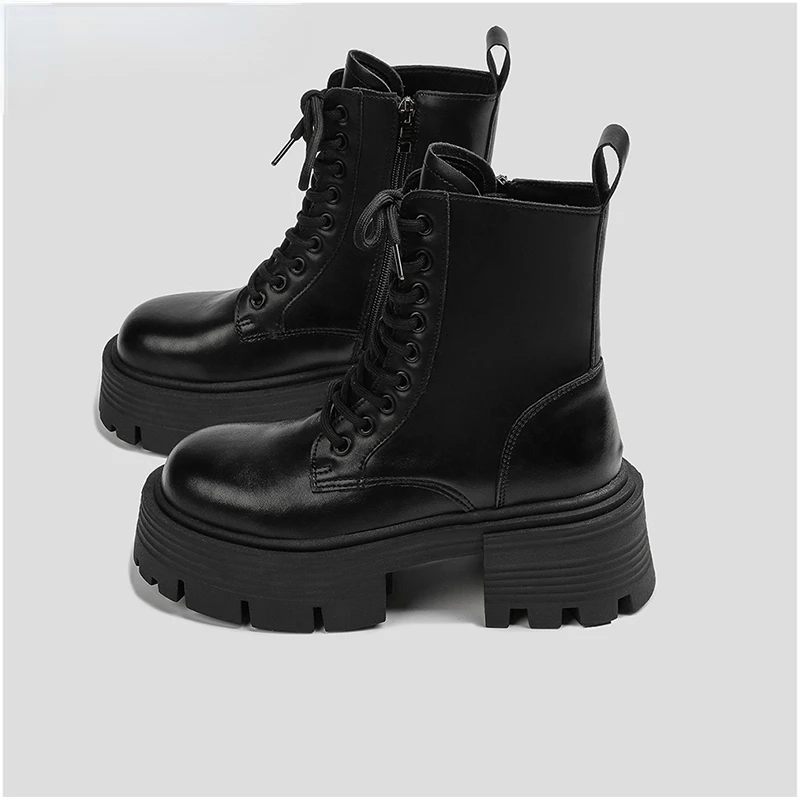 

Women's Motorcycle Boot for Winter 2023 Fashion Lace Up Square Heel High Platform Short Booties Autumn Girl's Shoes