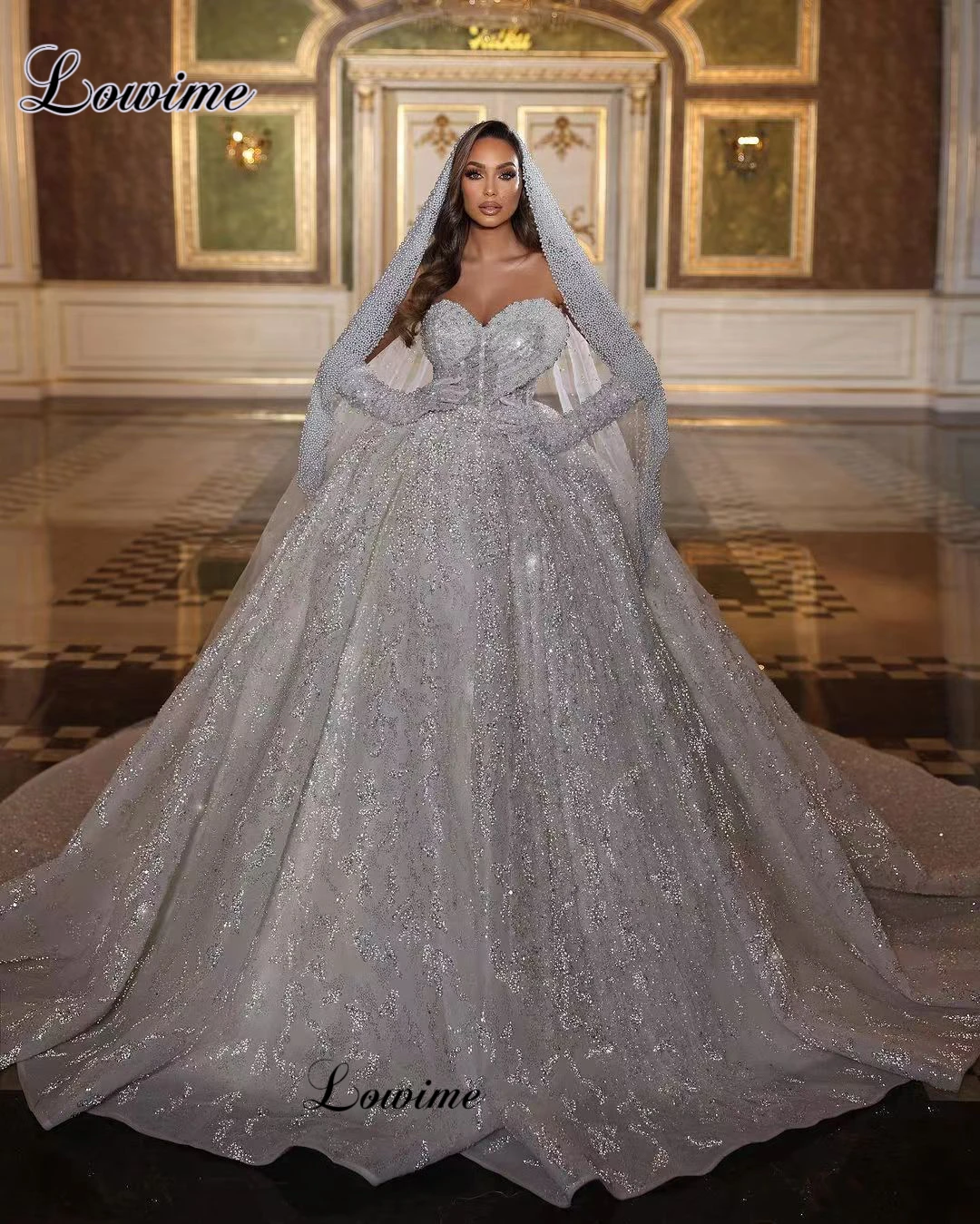 

Luxury Pearls Wedding Dresses A-Line Sparkly Sequined Wedding Gowns For Women Vestido De Casamento Sweetheart Bridal Gowns