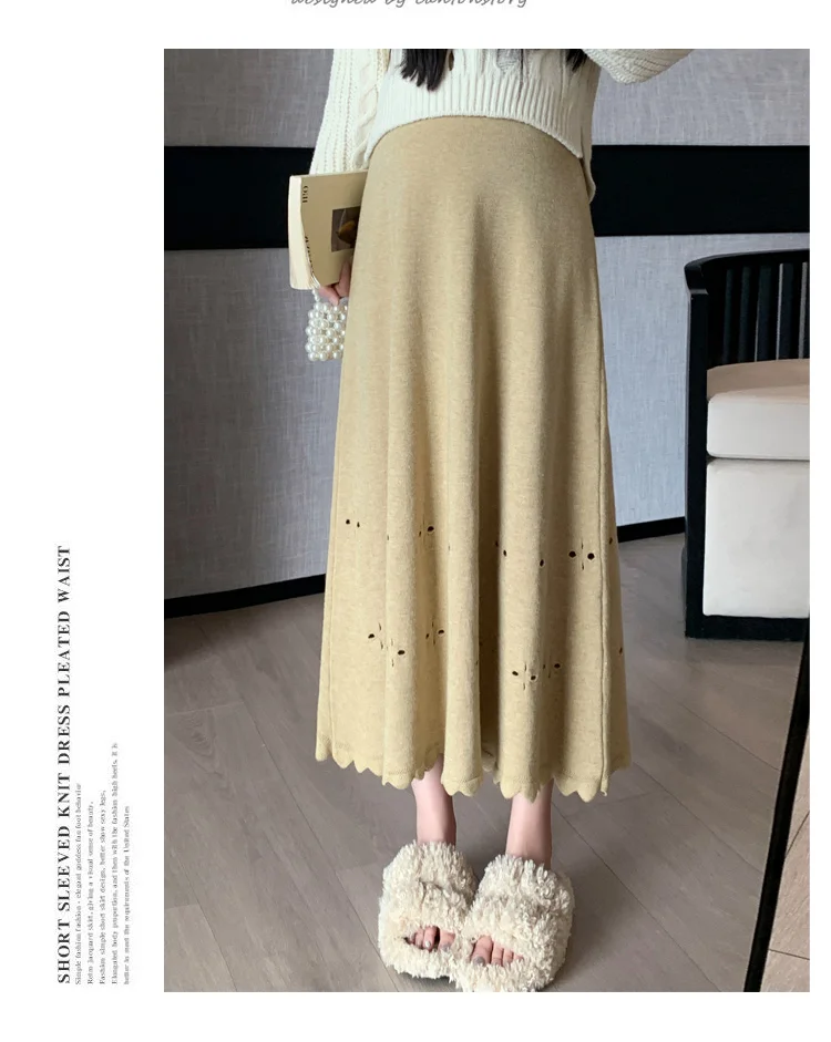 Pregnant Women Winter Fashion Style Tall Waist Abdomen Knitting Skirts High Waist Full-skirted Plaid Umbrella Skirts Black Gray