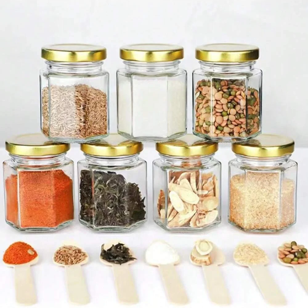 1.5/2/3 oz Hexagonal Mini Glass Honey Jar with Wooden Spoon Bee Pendant Jutes for Party Wedding Gifts