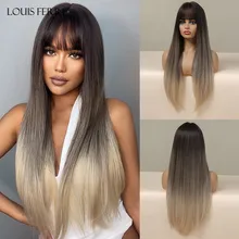 

LOUIS FERRE Long Straight Synthetic Wigs With Bangs Ombre Dark Brown Blonde Wig Daily Cosplay Heat Resistant Fake Hair for Women