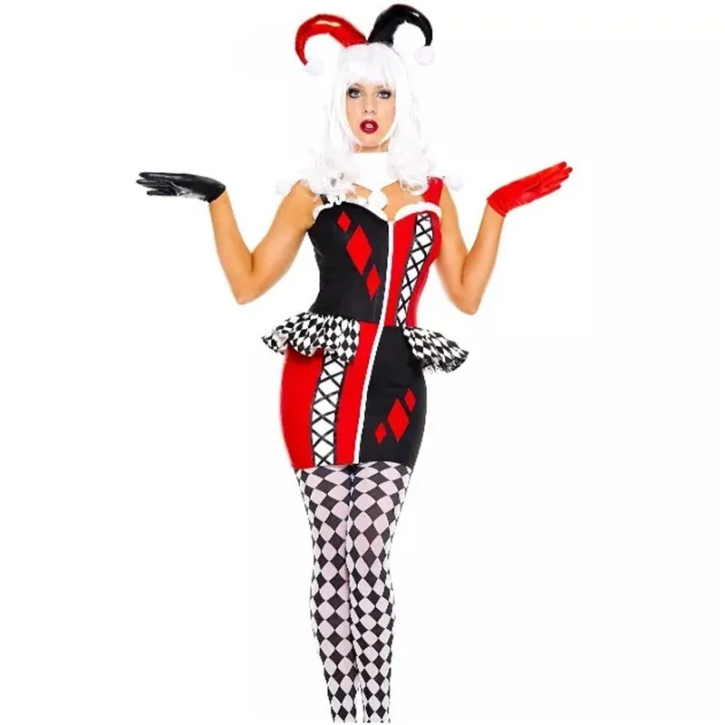 

Sexy Adult Circus Jester Naughty Harlequin Clown Cosplay Costume Halloween Quinn Honey Joker Party Dress
