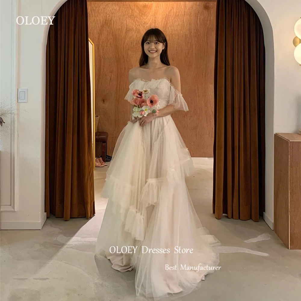 

OLOEY Sexy Off Shoulder A Line Korea Wedding Dresses Layered Floor Length Princess Bridal Gowns Corset Back Mariage Photoshoot