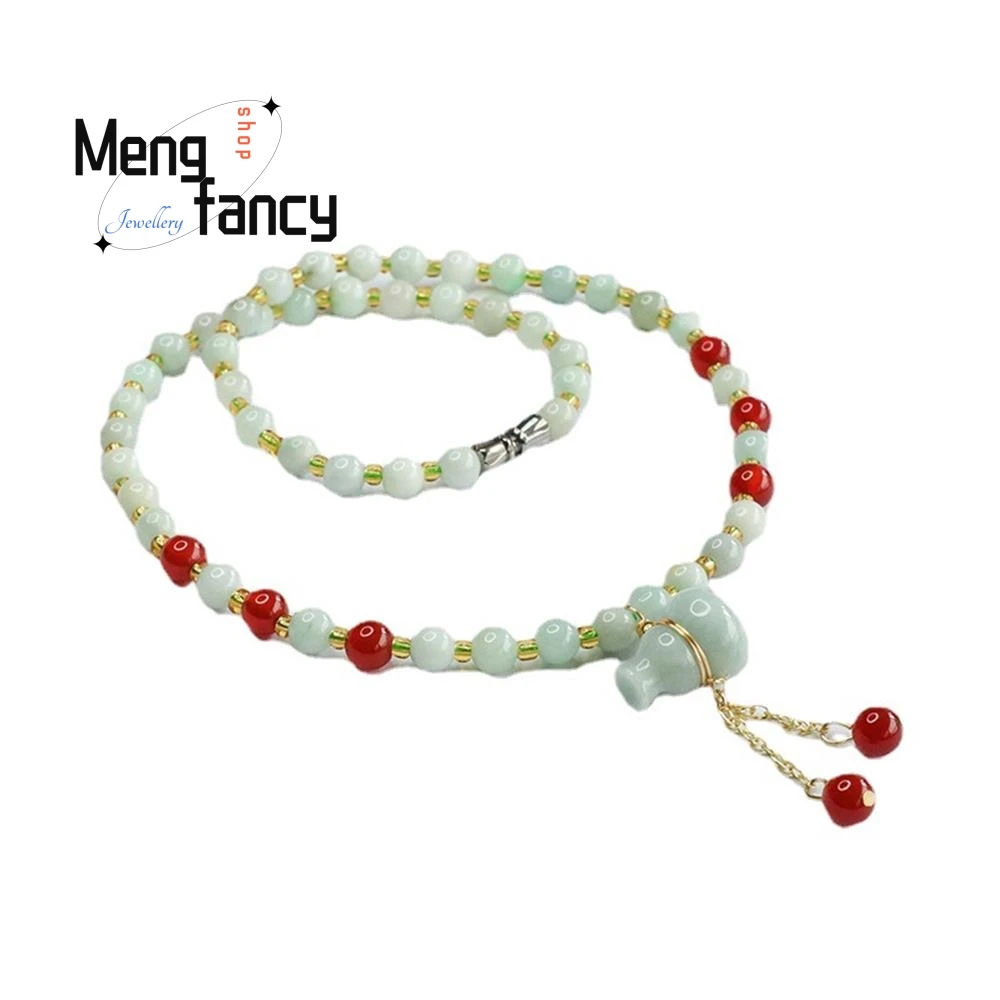 Natural Jadeite Exquisite Elegant Simple High-grade Necklace Jade Gourd Red Agate Bead Chain Luxury Quality Jewelry Holiday Gift