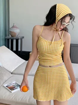 2025 New Yellow Bikini Women's Conservative Separation Grid Patterned Skirt Style High-End Feeling Four-Piece Set Swimsuit 1