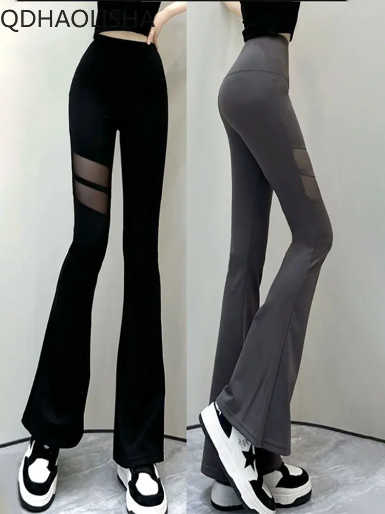 

Women's Long Pants Slight Flares Worn The Outside High Waisted Slimming Lared Mesh Stitching Mesh Pants Women Clothes Streetwear