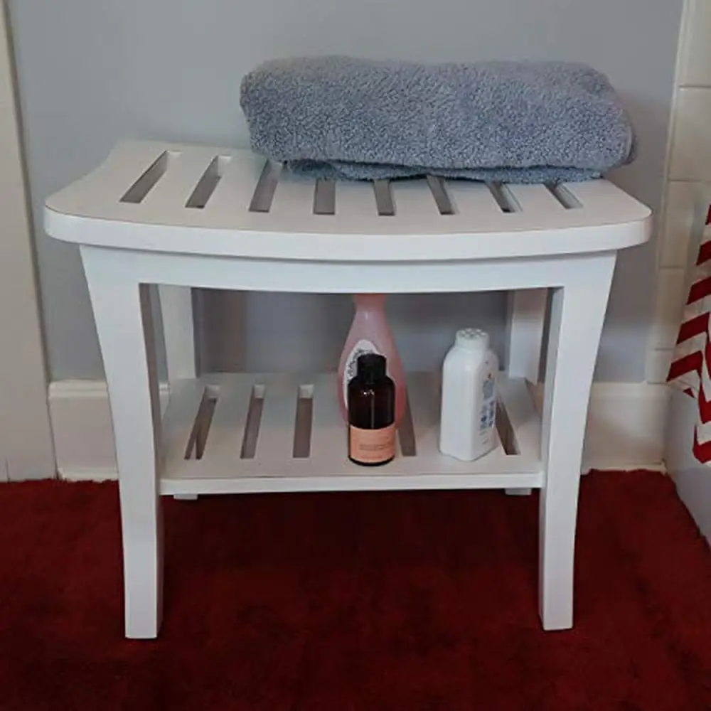 Teak Shower Bench Durable Shelf Indoor Outdoor Spa Bath Deck White Wood 252lb Cap 20x13.5x17.5 2