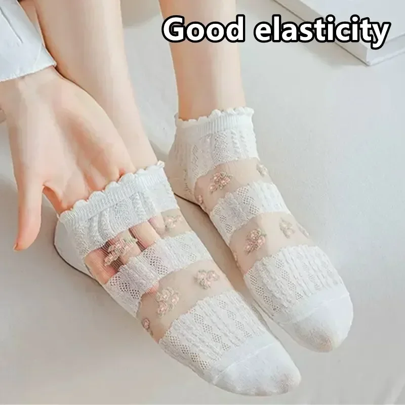 5 Pairs Sheer Socks for Women, Glass Silk Lovely Lolita Cotton Socks, Cool and Breathable Floral Jacquard Vintage Palace Style